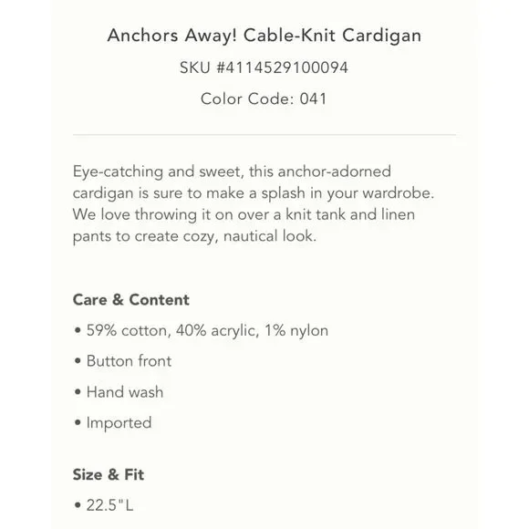 Anchors Away! Cableknit Cardigan NWT S - Picture 6 of 14